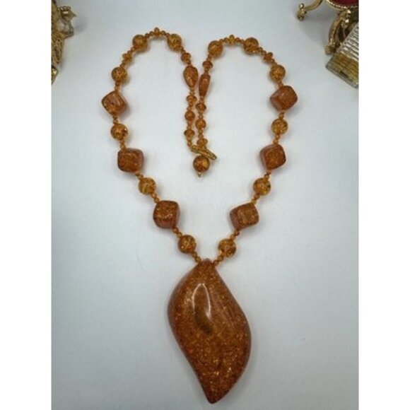 Chunky Ambar Lucite Necklace & Bracelet Large Glitter Set ArtDeco Styel 3 Tones - Picture 8 of 11